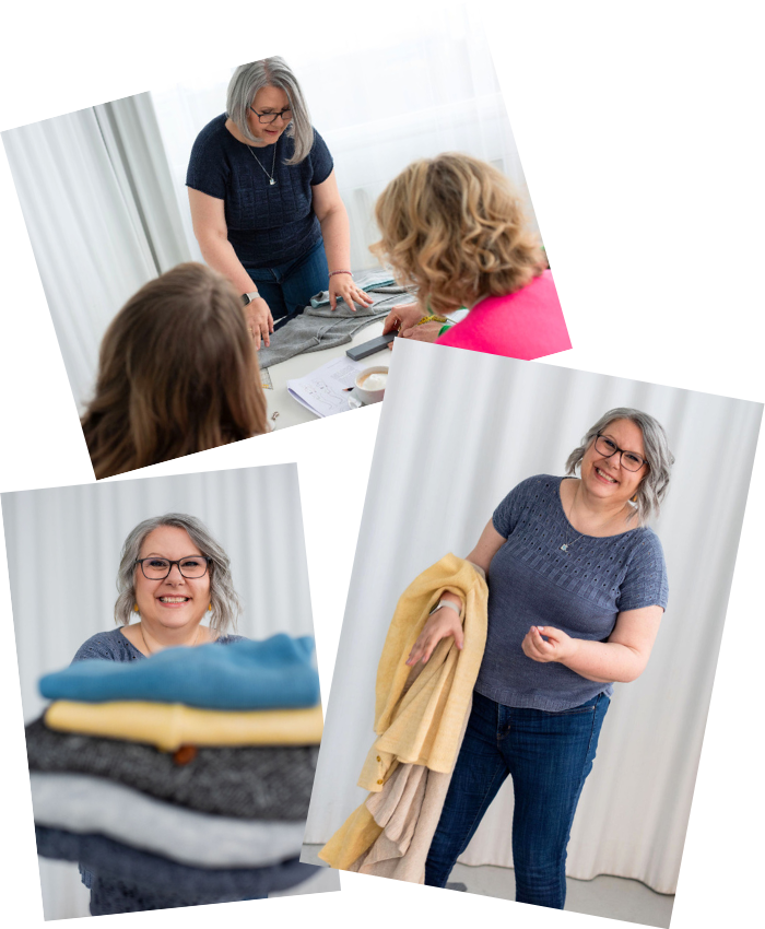 Collage aus drei Fotos: Claudia beim Workshop, Claudia mit Pulloverstapel, Claudia lacht mit Pullover von Arm runterhängend